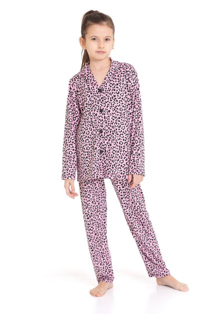 Girl's Pink Leopard Print Buttoned Pajama Set Quality Mold