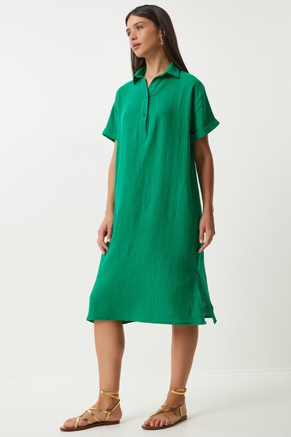 Polo Collar Summer Loose Muslin Dress Green Lto0028