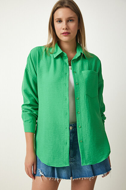 Oversize Basic Keten Ayrobin Gömlek YEŞİL LDD0009
