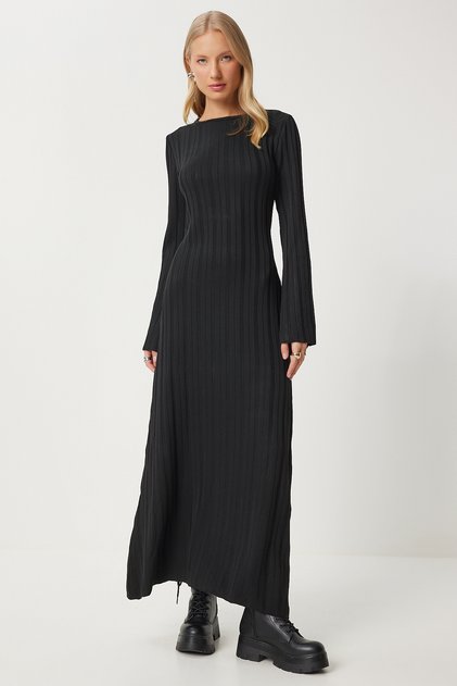 Belted Corded Long Knitwear Dress Black Lki0020