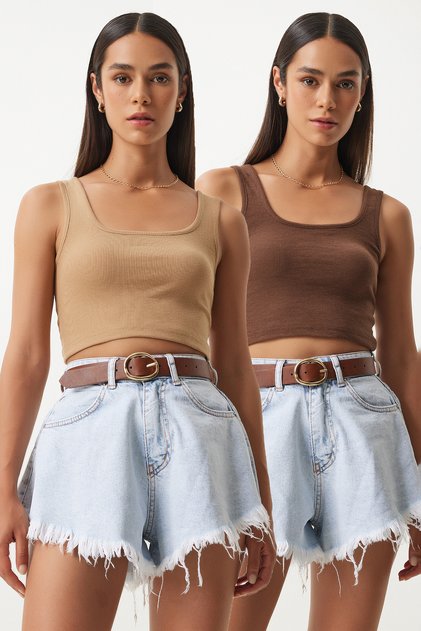 Crop-Top mit Trägern, 2er-Pack, gestrickte Bluse, BRAUN, BISCUIT LGT0003