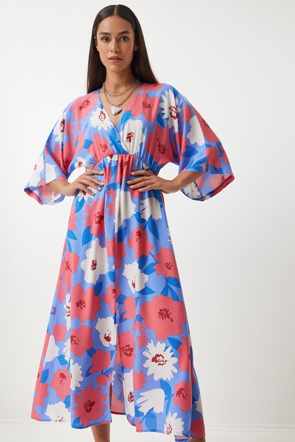 Wrap Collar Patterned Summer Viscose Dress Lila Pink Ldk0003