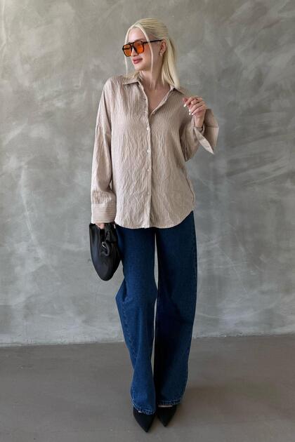 Beige Striped Oversize Women's Shirt Mg2327