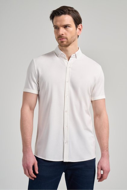 White Short Sleeve Plain Knitted Italian Collar Pocketless Cotton Classic Slim Fit Shirt 1004250156