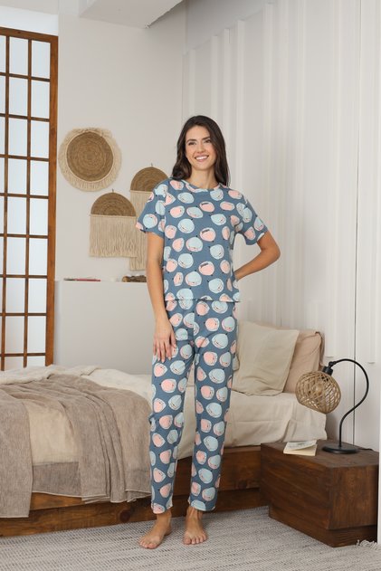 Women's Summer Short Sleeve Combed Cotton Single Jersey Fabric Pajamas Set