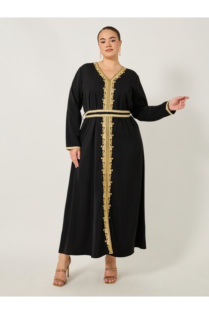 Plus Size Regular Fit V Neck Kaftan with Lace Detail