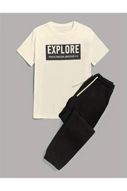 Men's Explore Printed T-shirt Sweatpants Jogger Relaxed Fit Beige Tracksuit Set