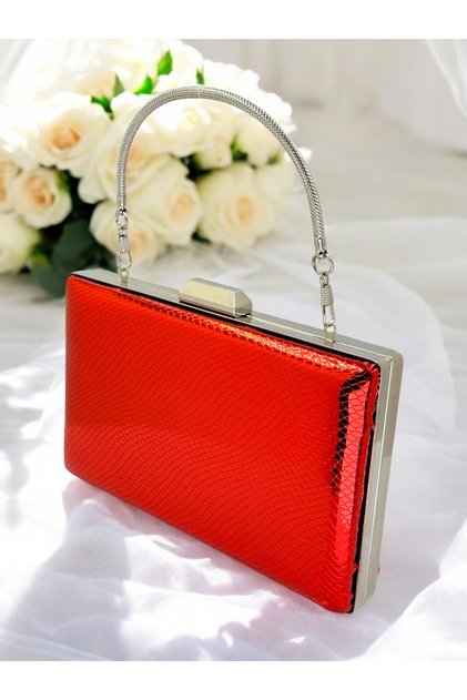 Red Color Herringbone Patterned Metal Handle Shiny Patent Leather Women's Evening Dress Bag