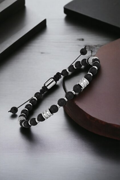 Men's Stainless Steel Bracelet - Black Color with Natural Stone Detail and Knitted Buckle Dkeblk2013C1