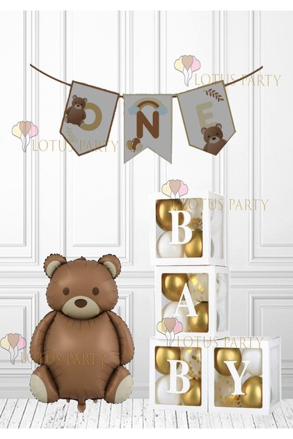 Retro One Lettering - Retro Brown Bear - Baby Box - Retro Birthday Set