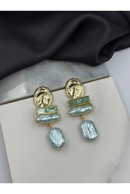 Water Green and Gold Detailed Stone Pearl Dangle Earrings