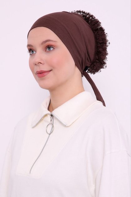 Women's Hijab Frilly Stitched Combed Bonnet Brown