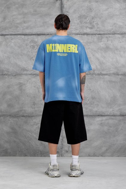 Men's T-Shirt M11 Lettered Blue Oversize Printed Crew Neck Thick Cotton Fabric