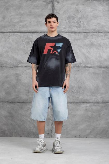 Men's T-Shirt Farfrom Written Black Oversize Printed Crew Neck Thick Cotton Fabric