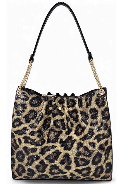 Black Patent Leather Printed Leopard Printed Chain Detailed Pleated Women's Shoulder Bag