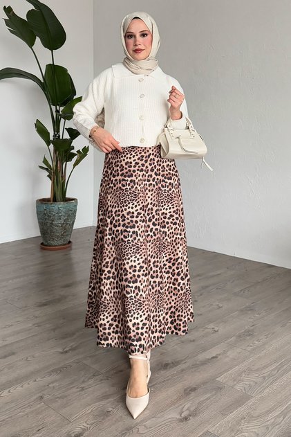 Leopard Pattern Beige Skirt with Elastic Waist