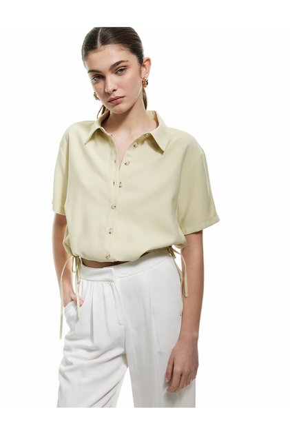 Viscose Classic Lapel Lace-Up Waist Short Sleeve Crop Shirt
