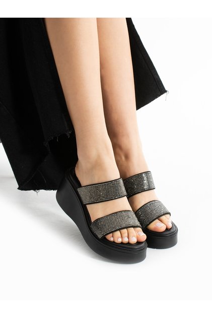Si̇lva Black Stone Detailed Platform Women's Slippers