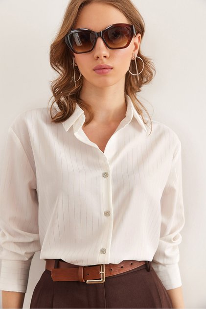 Women's Ecru Gold Metallic Striped Flowy Boyfriend Shirt Gml-19001284