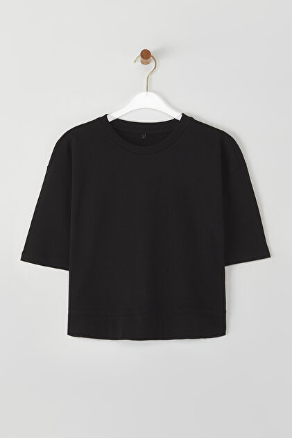 Trendyolmilla Siyah %100 Pamuk Relaxed/Rahat Kalıp Crop Bisiklet