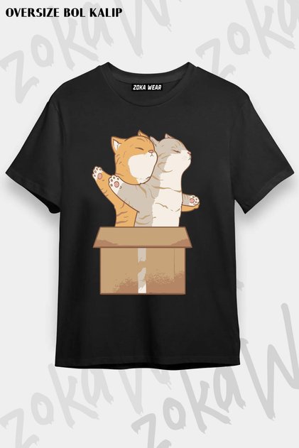 Unisex Oversize Fit Cute Cats Cardboard Titanic Design Printed Tshirt