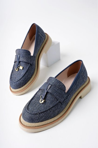 Loressa Model Navy Blue Linen Women's Loafer Casual Shoes