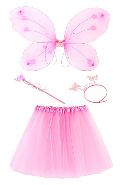 Powder Pink Butterfly Costume Set - Tutu Skirt, Wings, Crown and Wand | Girl's Party and Show Accessory