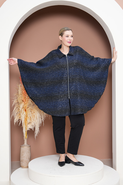 Blue Black Poncho Oversize Standard Size Front Zipper Seasonal Length 90 cm Shoulder to Sleeve 63 cm