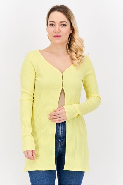Women V-Neck Ribbed Cardigan, Yellow