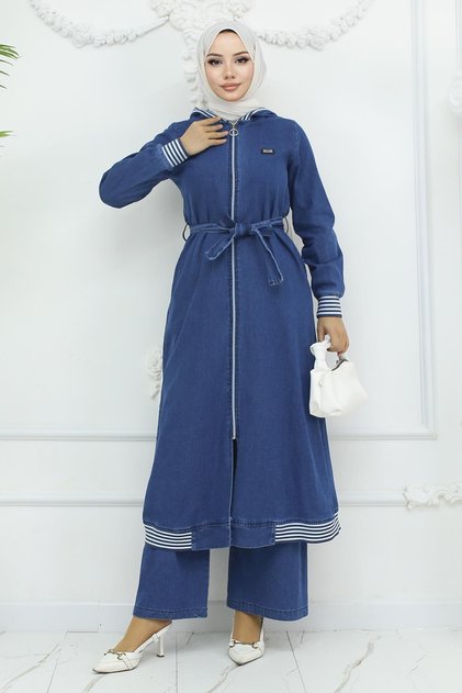Hooded Ribbed Denim Suit Light Blue 19244