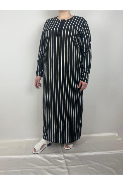 Women's Black Beige Striped Pattern Buttoned Lapel Long Sleeve Seasonal Mother Dress
