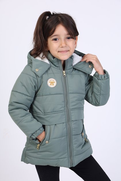 Girl's Water Repellent K Hooded Zippered Pocket Coat - Faux Fur Inside
