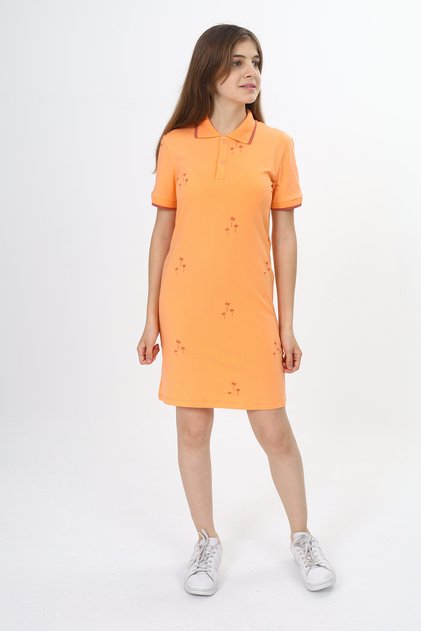 Girl's Polo Neck Garni Detailed Printed Dress