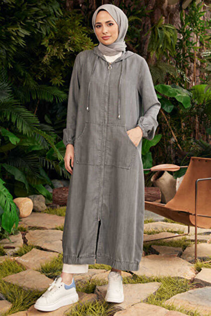 6475-Hooded Zippered Tunic Gray