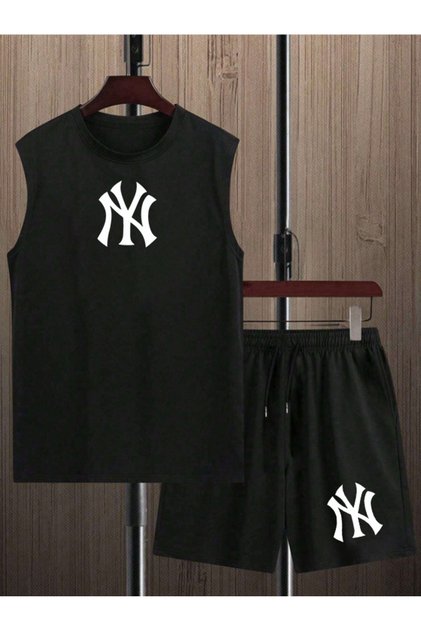 Men's Zero Sleeve Combination Bottom Top Set - Black and White Sleeveless Oversize Printed Set