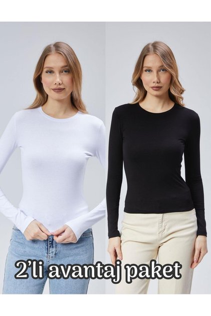 Bluză/body cu mânecă lungă din bumbac moale, cu gât rotund, 2 bucăți (1 NEGRU 1 ALB)