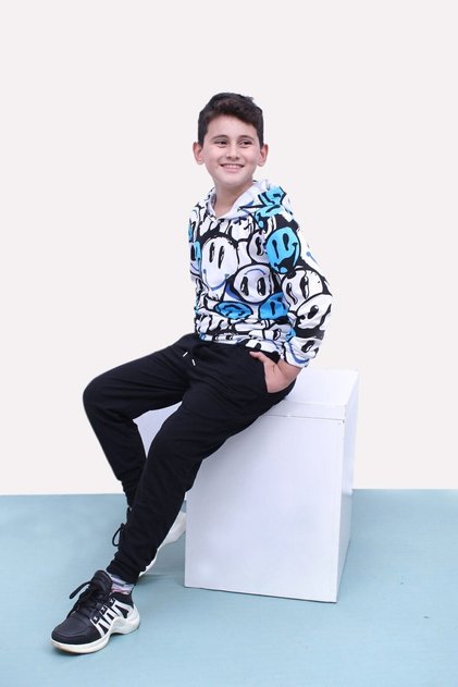 Emoji Patterned, Hooded, Unisex Sweatshirt-tracksuit, Top and Bottom Set