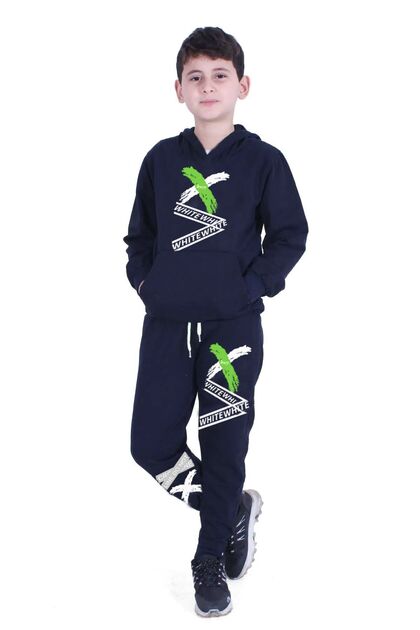 X Printed Kangaroo Pocket Hooded Boy's Bottom-Top Tracksuit Set