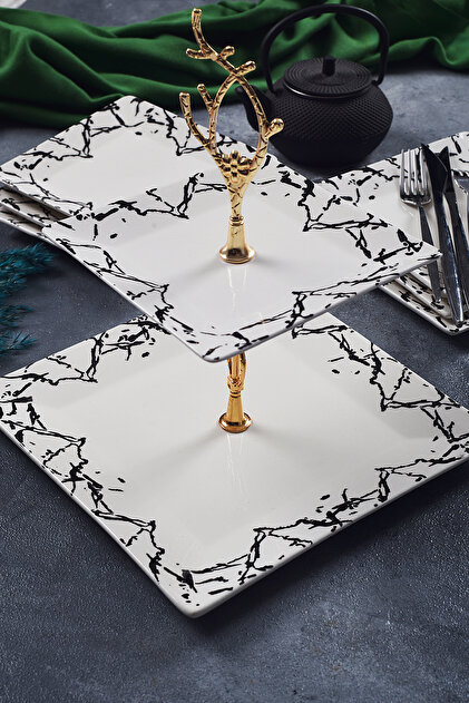 Double Layer Ceramic Marble Pattern Cookie Holder Snack Two Tier Presentation Plate Serving Set Catering
