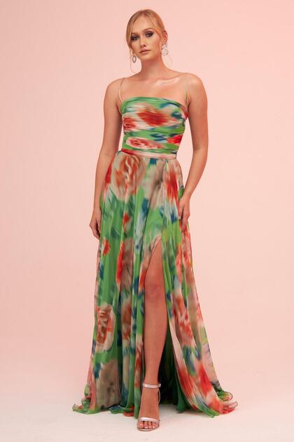 Rochie de seara imprimata cu bretele verzi