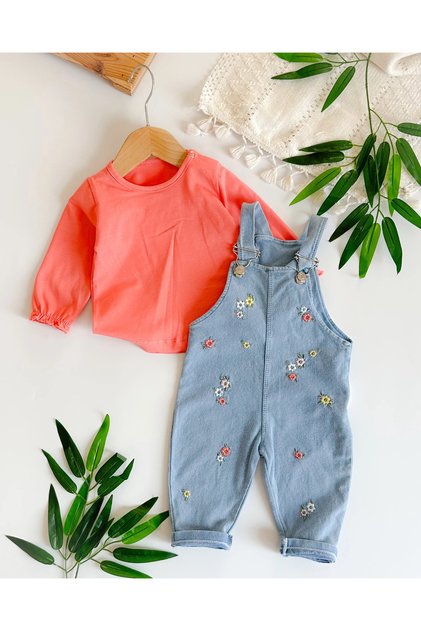 Colorful Tiny Flowers Embroidery Denim Look Knitted Fabric Seasonal Set of 2 Salopet