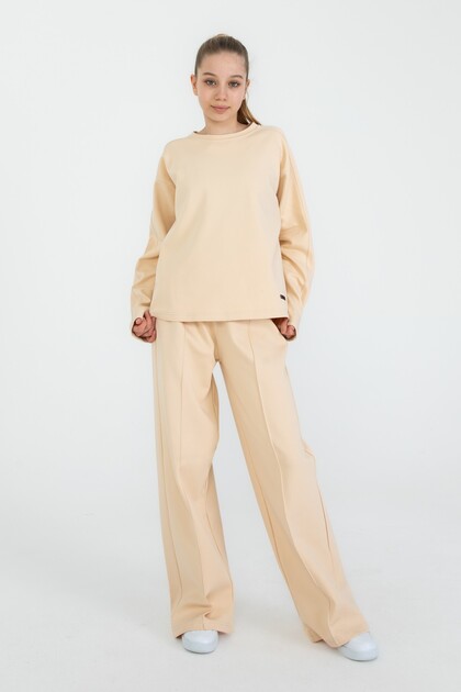 Crew Neck Wide Leg Adjustable Elastic Waist Girls' Tracksuit Set