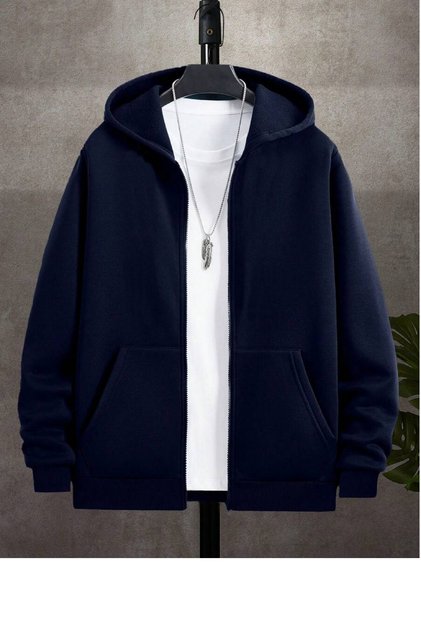 Men's Navy Blue Winter Hooded Zippered Sweatshirt Jacket with Fleece Inside