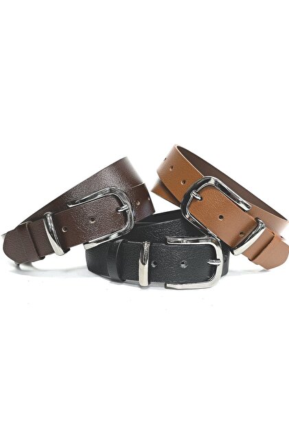 100% Genuine Leather 3.2 cm Black-Tan-Bitter Brown 3-Piece Belt Set