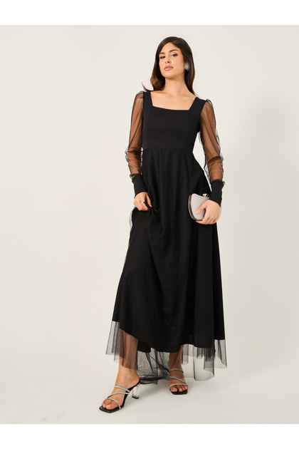 Mesh Puff Sleeve Square Neck Maxi Dress