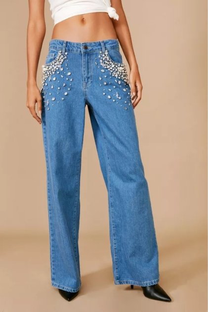 Women's Plus Size Blue Stone Work Embellished High Waist Wide Leg 5 Pocket Jeans 65N38745