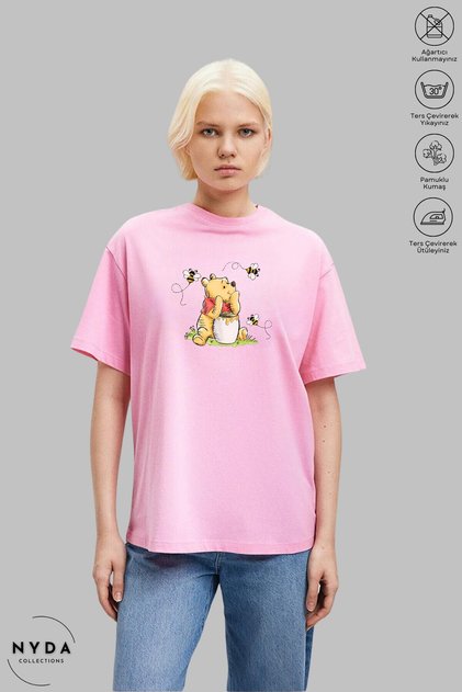Unisex Crew Neck Winnie the Pooh Printed Cotton Oversize Short Sleeve T-Shirt