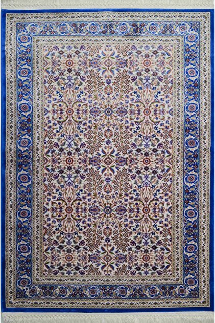 Hereke Yedi Dağın Çiçeği Desenli Mavi ve Krem Renk Bambu Halı (80x125 cm)