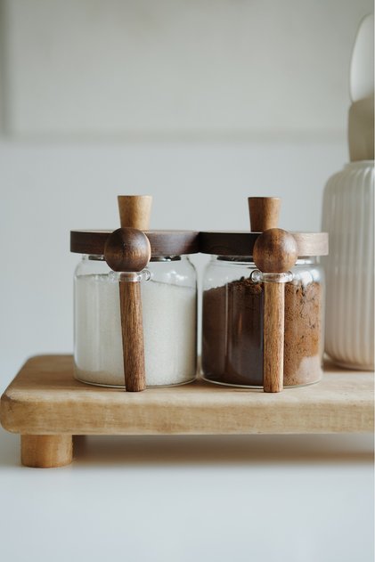 2-Pack Acacia Borosilicate Glass Jar with Lid and Spoon (450+450ml)