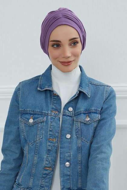 Fine Pleated Stitched Combed Cotton Bonnet, Purple 2, B-19